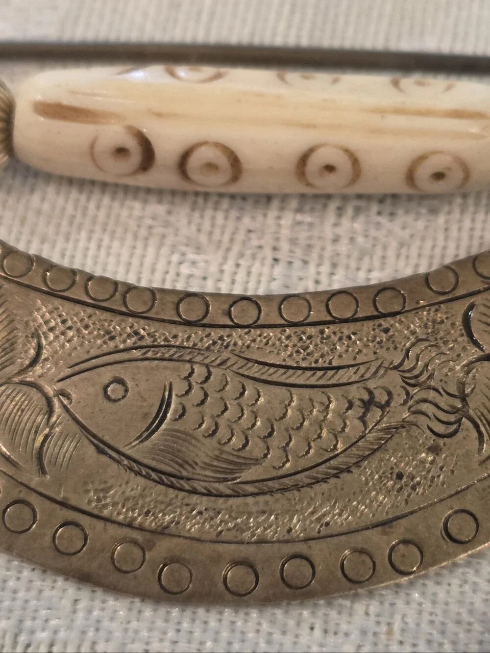 Vintage Hmong Miao Engraved Curved Brass Plate -Safety-Pin Style Brooch